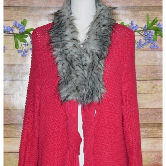 Jamie Gries Hot Pink Chunky Duster Cardigan Sweater Plus Size 1X Faux Fur Collar - Picture 4 of 12